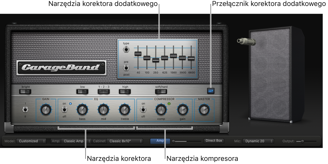 Bass Amp Designer z narzędziami korektora dźwięku i kompresora.
