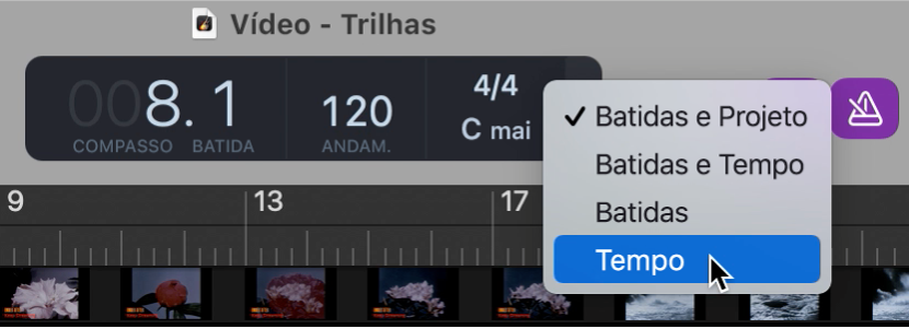 LCD na barra de controles, escolhendo o formato de Tempo.