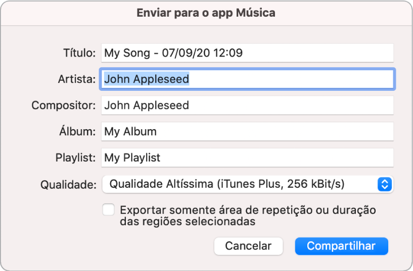 Caixa de diálogo Compartilhar no Música.