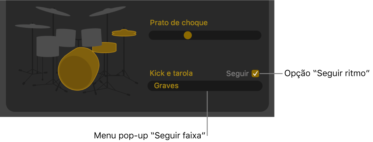 Editor do Drummer a ilustrar a opção “Seguir ritmo” e o menu pop-up “Seguir faixa”.