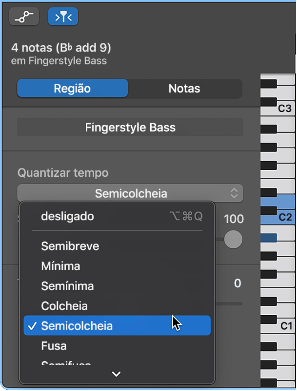 Seleção de um valor no menu pop-up “Quantizar tempo” no inspetor do editor de rolo de piano.