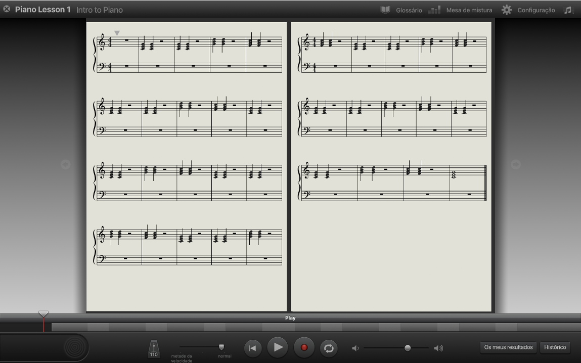 Ecrã de notação musical em página completa.