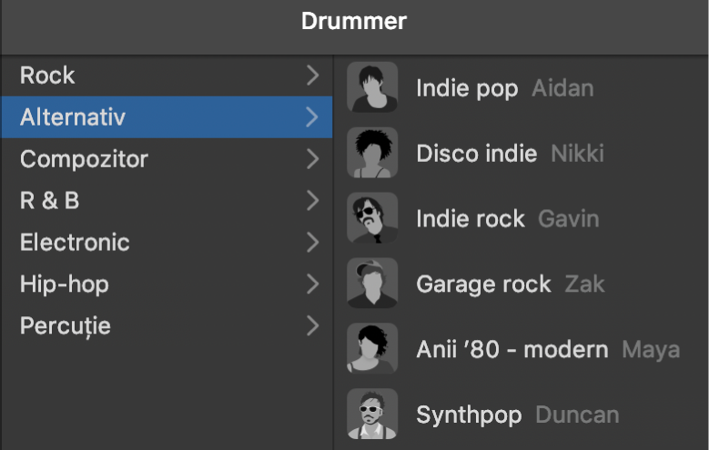 Alegerea unui gen din editorul Drummer.