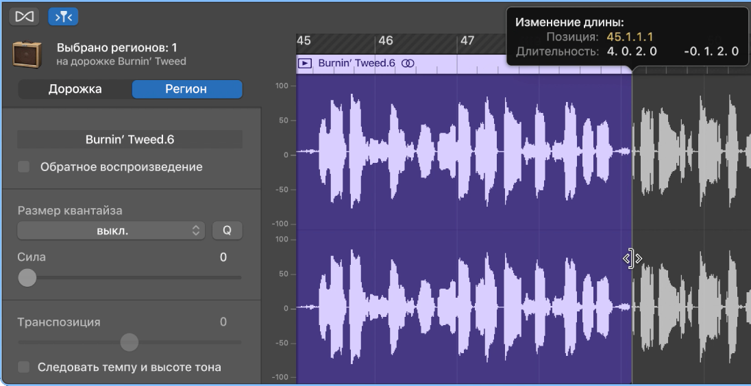Обрезка региона в редакторе аудио — показан указатель обрезки и справочный маркер.