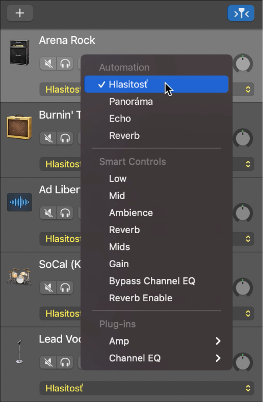 Znázorňuje otvorené vyskakovacie menu Parameter automatizácie.