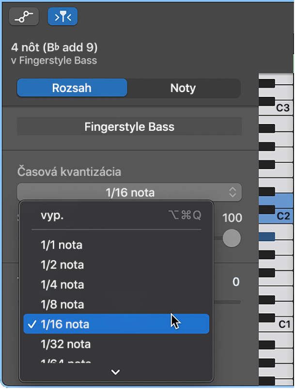 Výber hodnoty z vyskakovacieho menu Kvantizácia času v inšpektorovi Editora Piano Roll.