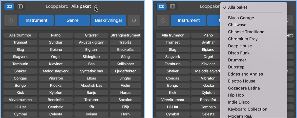 Popupmenyn Loopar visas.