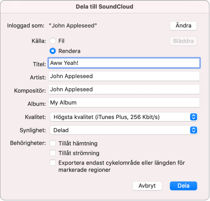 Dialogrutan Dela till SoundCloud.
