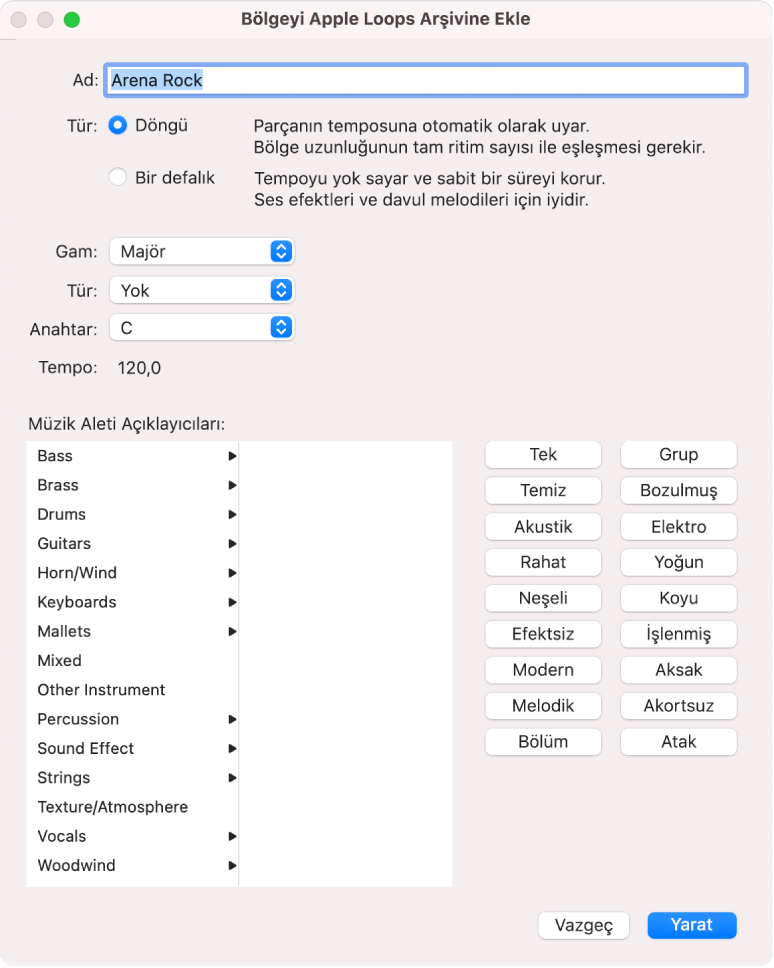 Bölgeyi Apple Loops Arşivine Ekle sorgu kutusu.