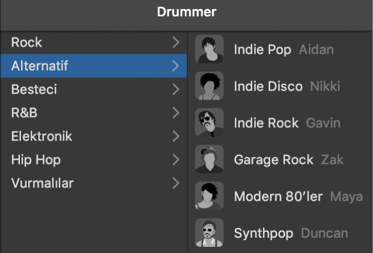 Drummer Düzenleyici’de bir tür seçiliyor.