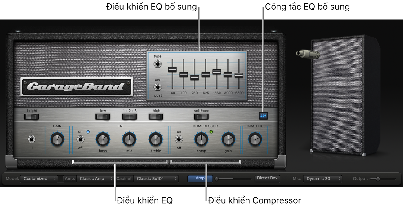 Bass Amp Designer hiển thị bộ điều khiển EQ và Nén.