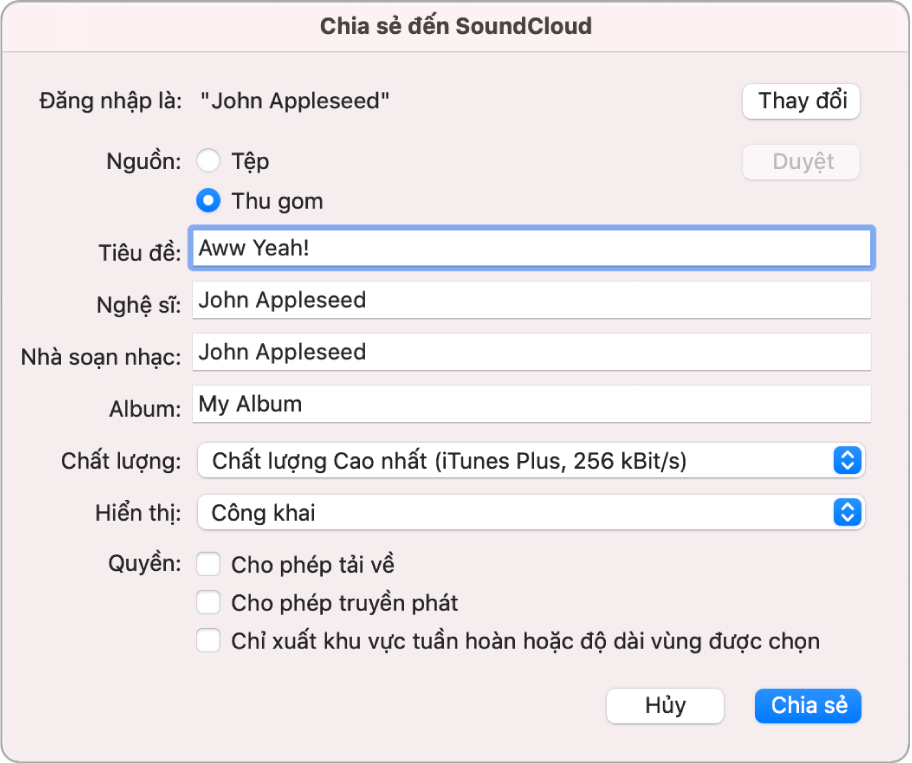 Hộp thoại Chia sẻ đến SoundCloud.