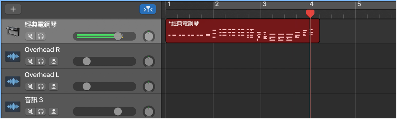 在「音軌」區域中以紅色顯示已錄製的 MIDI 區段。