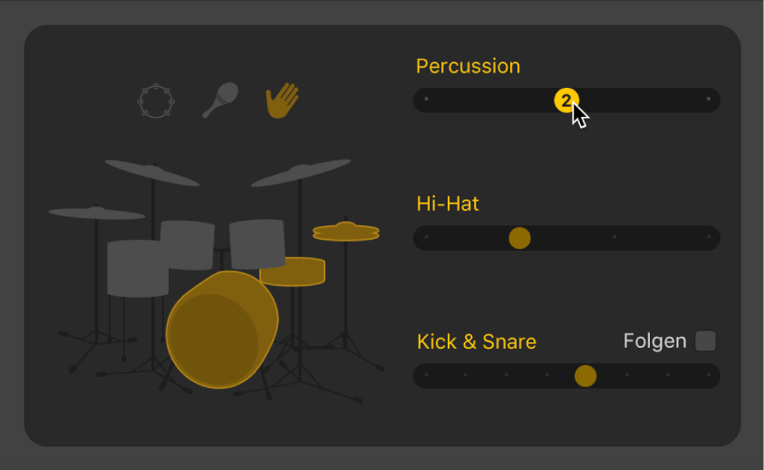 Abbildung. Im Drummer-Editor werden Steuerelemente für akustische Pattern-Variationen angezeigt