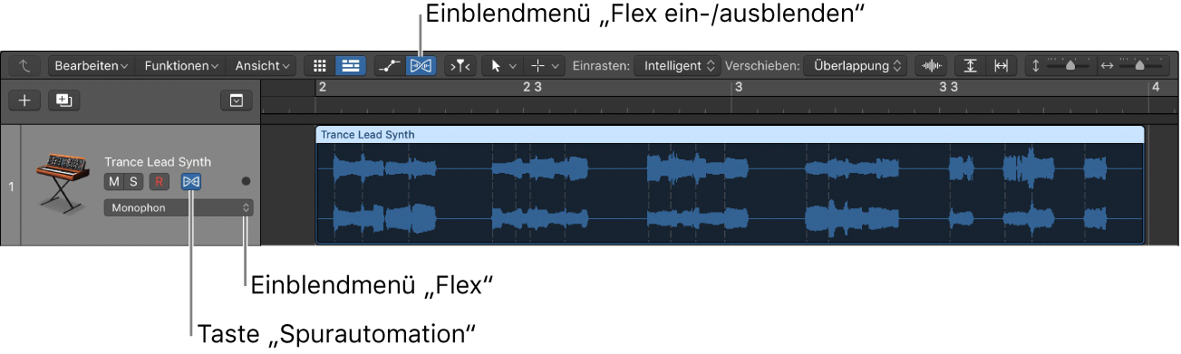 Abbildung. Taste „Flex“ und Einblendmenü „Flex“ im Spur-Header einer Audiospur