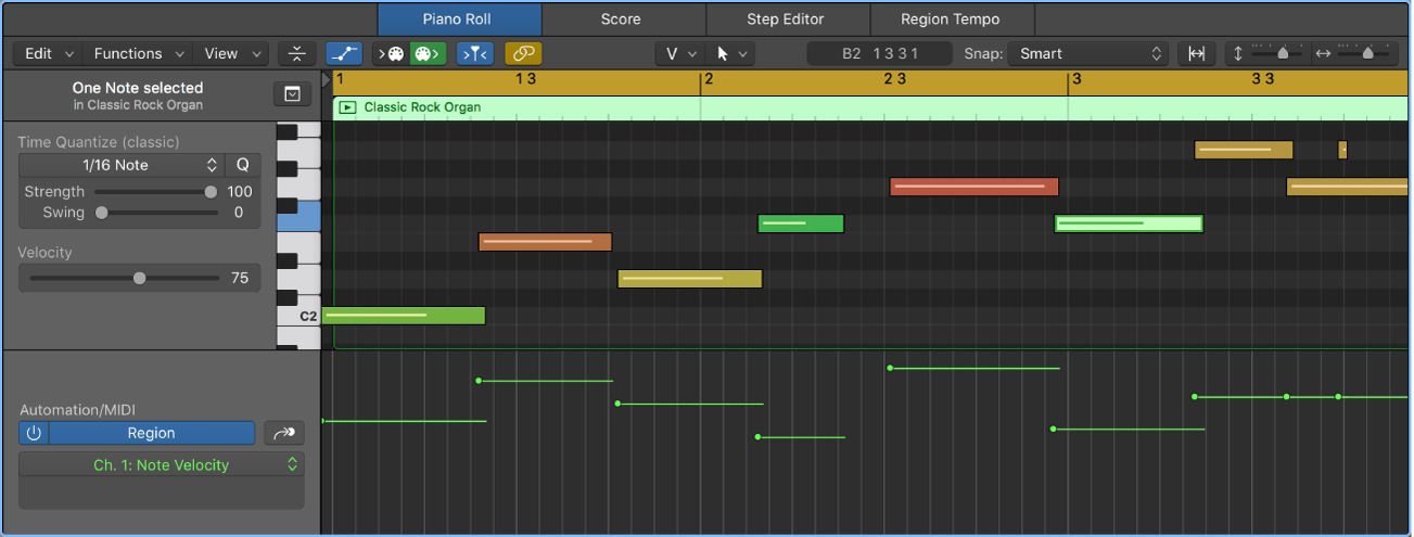 Figure. Automation/MIDI area showing region-based automation with MIDI parameter showing.