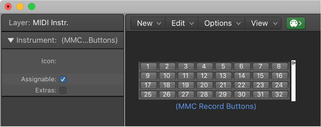 Figure. Environment window showing an MMC record buttons object and its inspector.