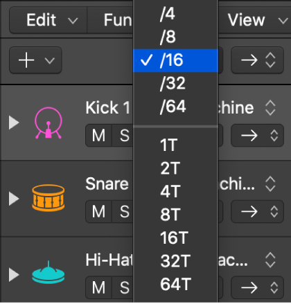 Step Sequencer Step Rate pop-up menu open, showing choices.