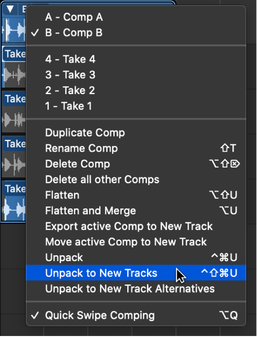 Figure. Choosing Unpack to New Tracks from the pop-up menu.