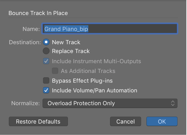 Figure. Bounce Track in Place dialog.