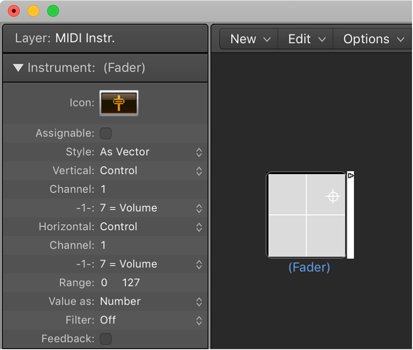 Figure. Environment window showing a vector fader object and its inspector.