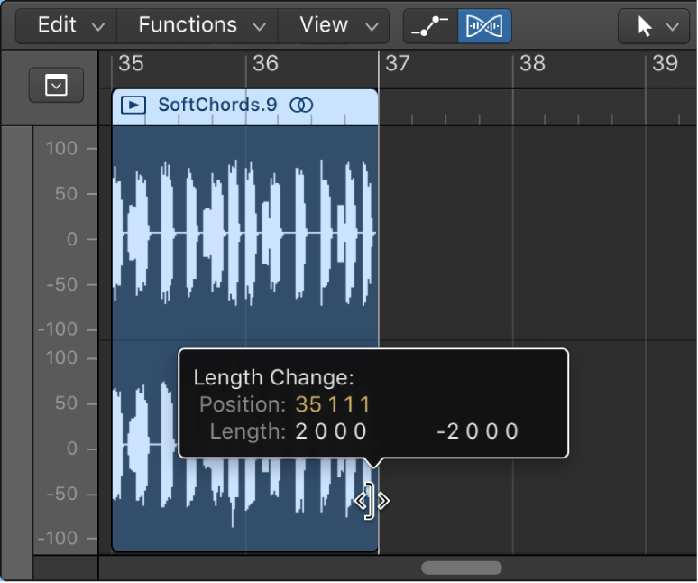 Figure. Trimming an audio region in the Audio Track Editor. The Help tag shows the region length.