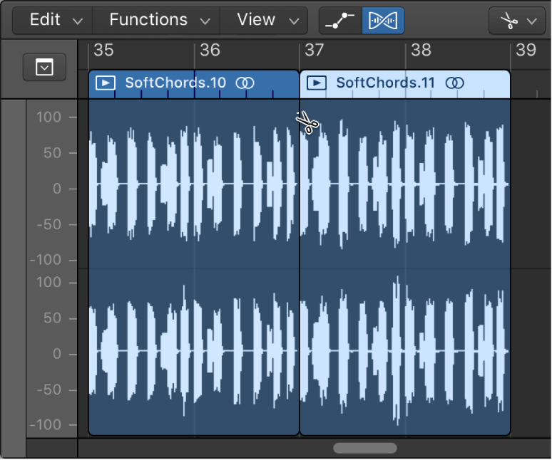 Figure. Splitting an audio region in the Audio Track Editor using the Scissors tool.