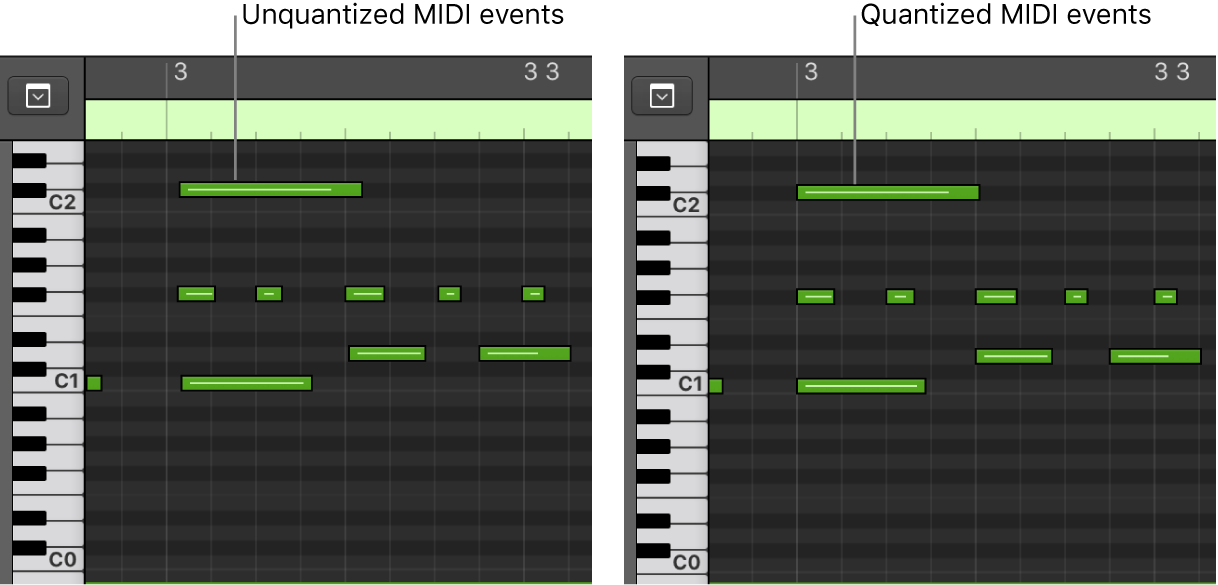 Figure. A pair of images showing unquantized and quantized MIDI events in the Piano Roll Editor.