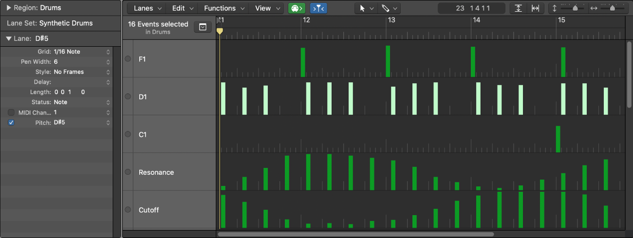 Figure. Step Editor showing note event lanes controlling single note pitches.
