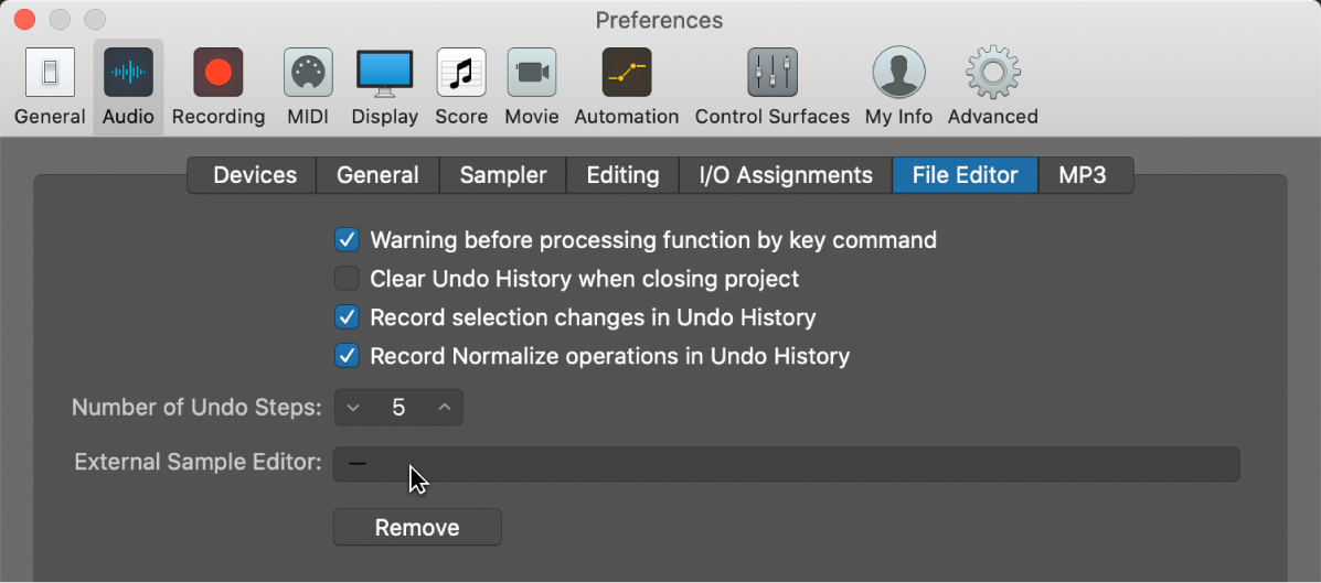 Figure. Sample Editor pane in the Audio preferences.