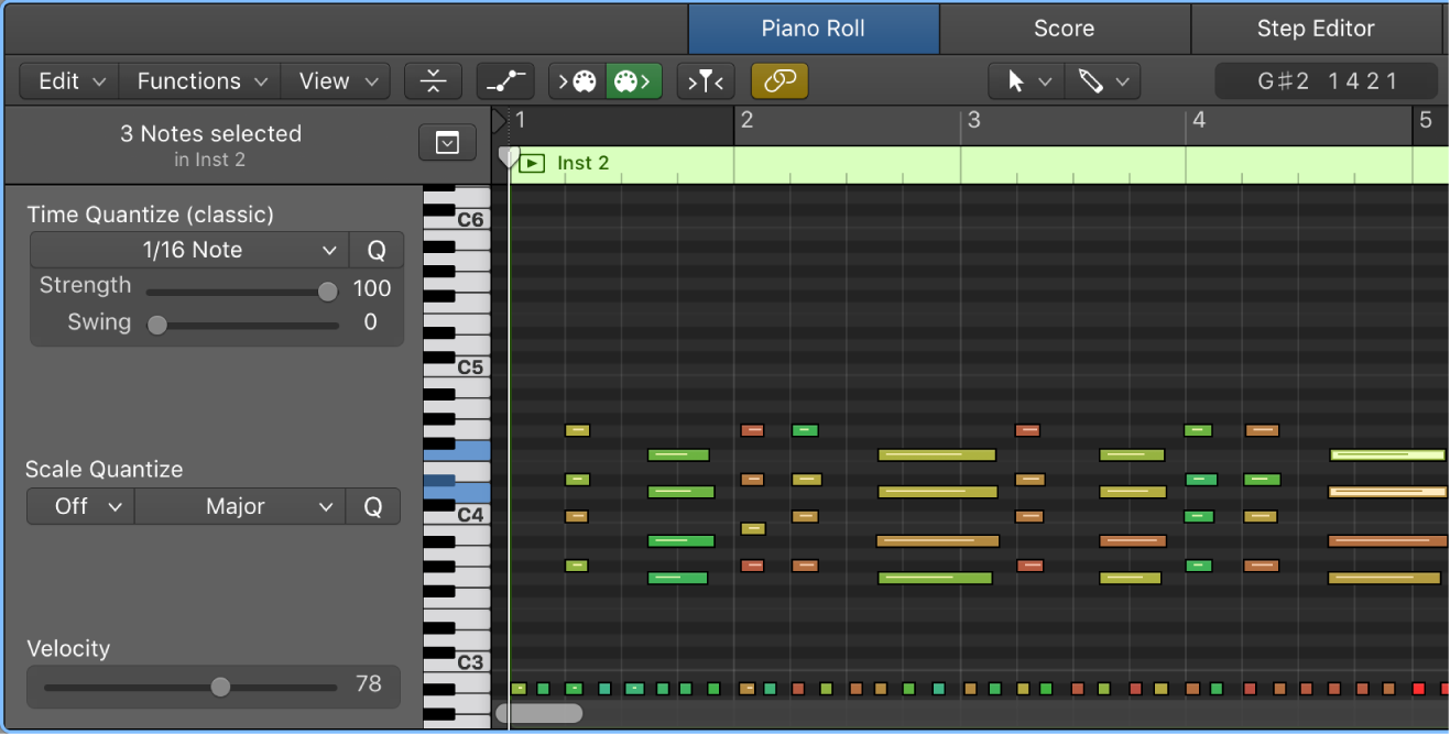 Figure. Quantizing notes in the Piano Roll Editor.
