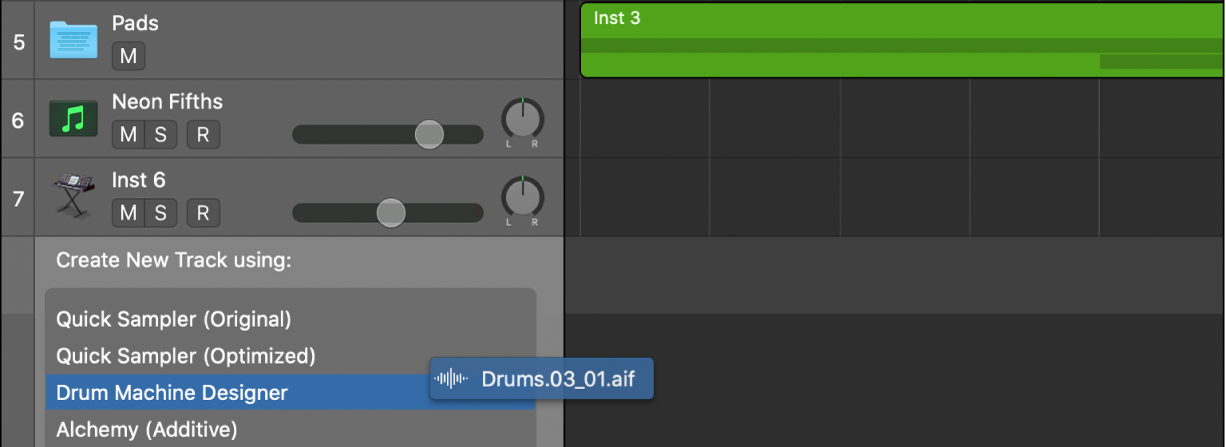 Dragging a single audio file below the track headers, showing the different available options.
