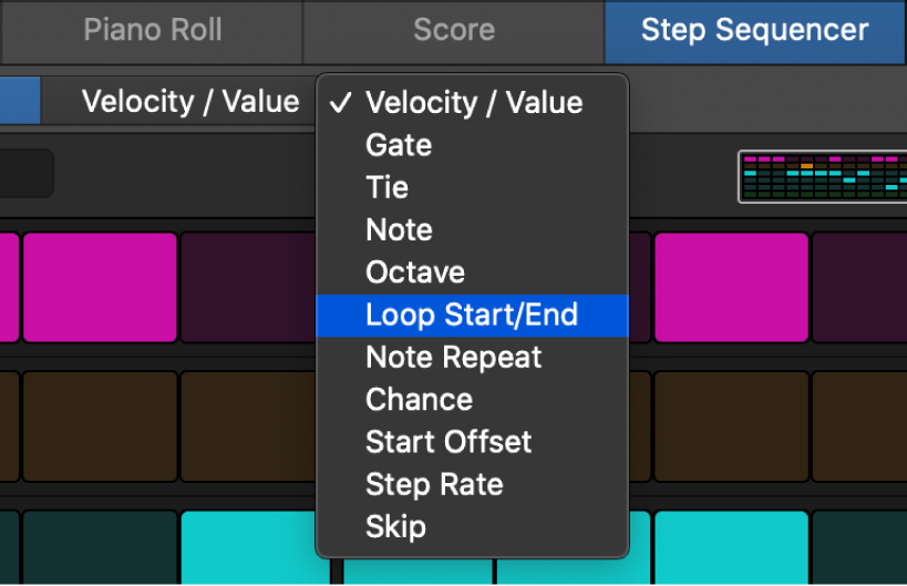 Step Sequencer Edit Mode selector, showing different edit modes.