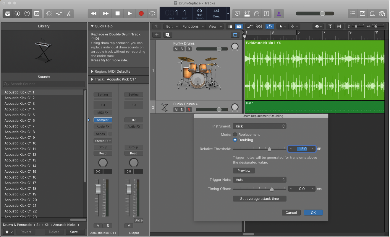 Figure. Tracks area with audio track zoomed, Library open showing drum sounds, and Drum Replacement/Doubling dialog open.
