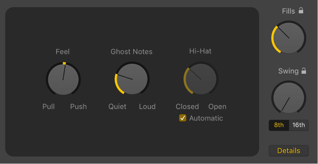 Figure. Drummer Editor with the Details button selected, showing the Feel, Ghost Notes, and Hi-Hat knobs.