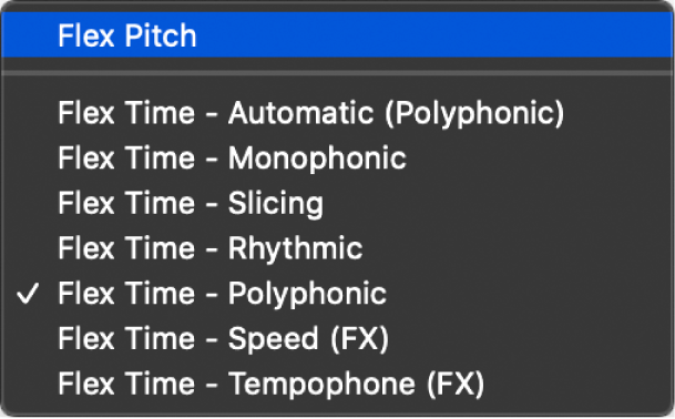 Figure. The Flex pop-up menu, with Flex Pitch mode selected.