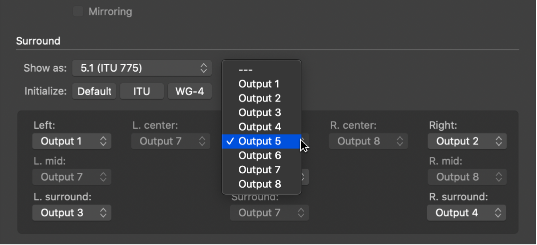 Figure. Output pop-up menu in Surround preferences.