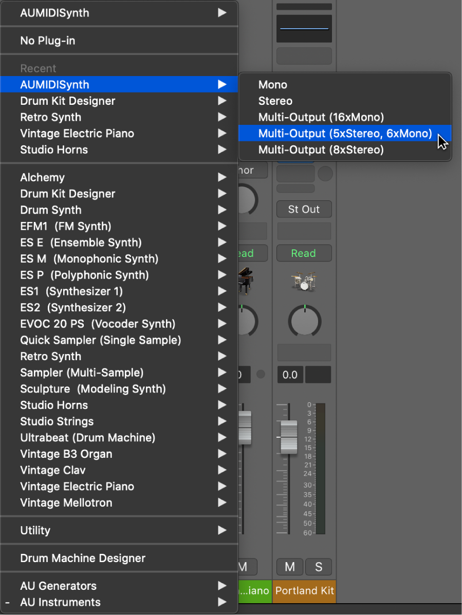 Figure. Instrument slot pop-up menu showing the Sampler Multi Output option.