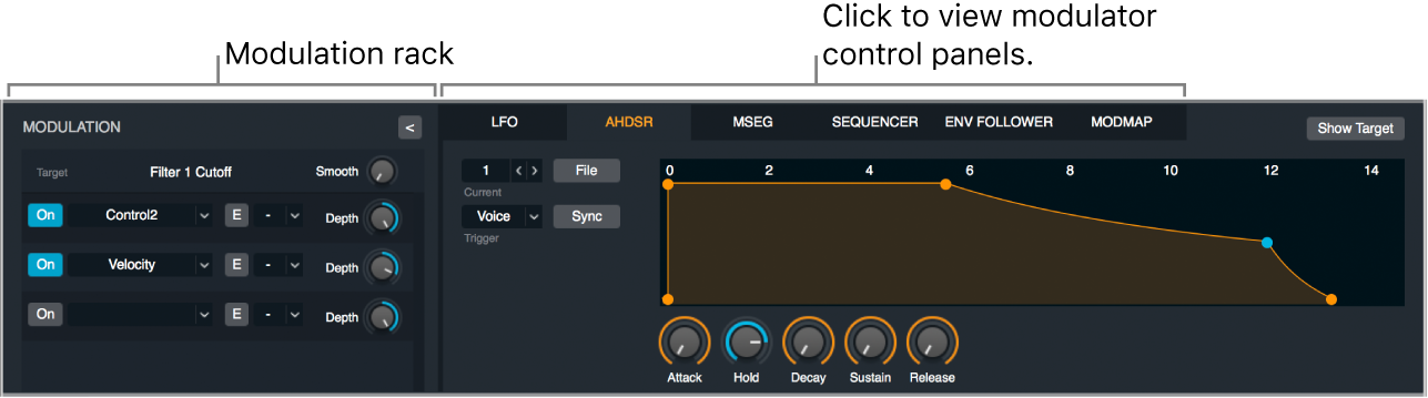 Figure. Modulation section, showing modulation rack, modulator control panel buttons, and AHDSR control panel.