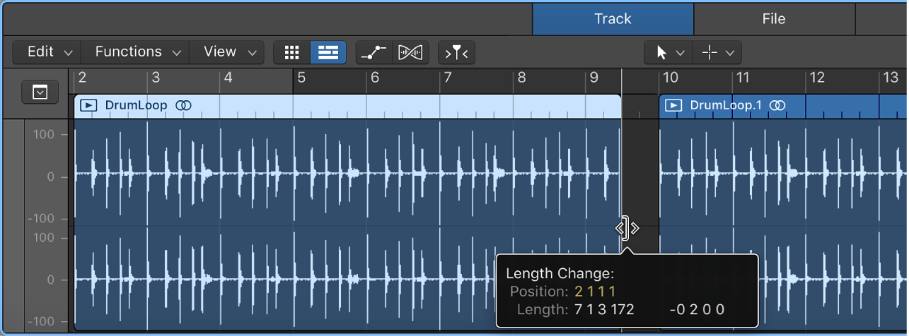 Figure. Trimming region in Audio Editor, showing help tag with region length and trim amount.