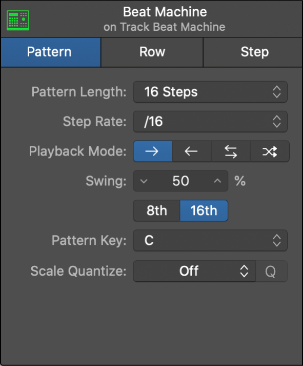 Step Sequencer Local inspector showing pattern settings.