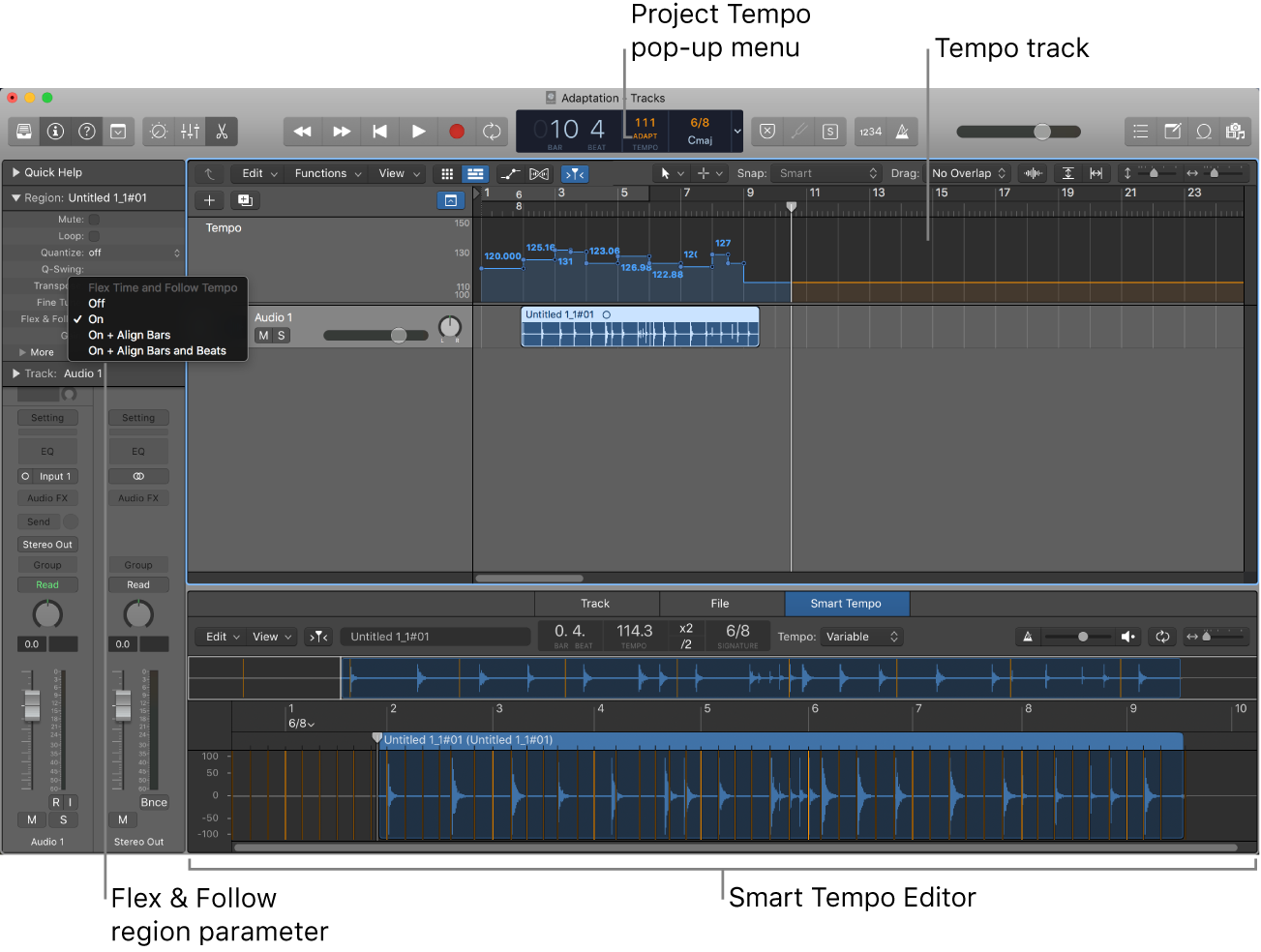 Figure. Project showing recording, Adapt mode chosen, tempo changes in the Tempo track, and the Smart Tempo Editor open.