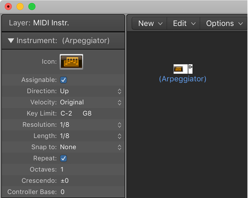 Figure. Environment window showing an arpeggiator object and its inspector.