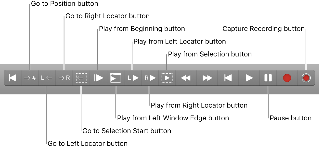 Figure. Transport buttons, showing all additional buttons.