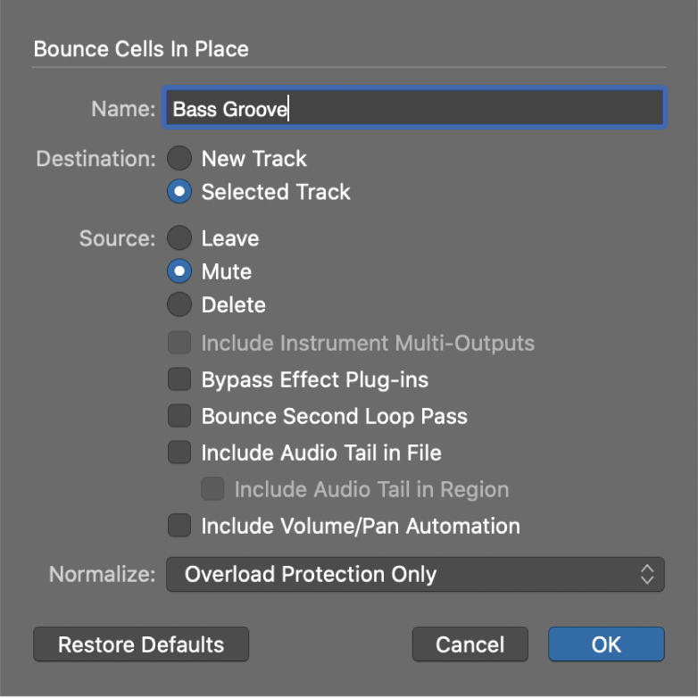 Figure. Bounce Cells in Place dialog.