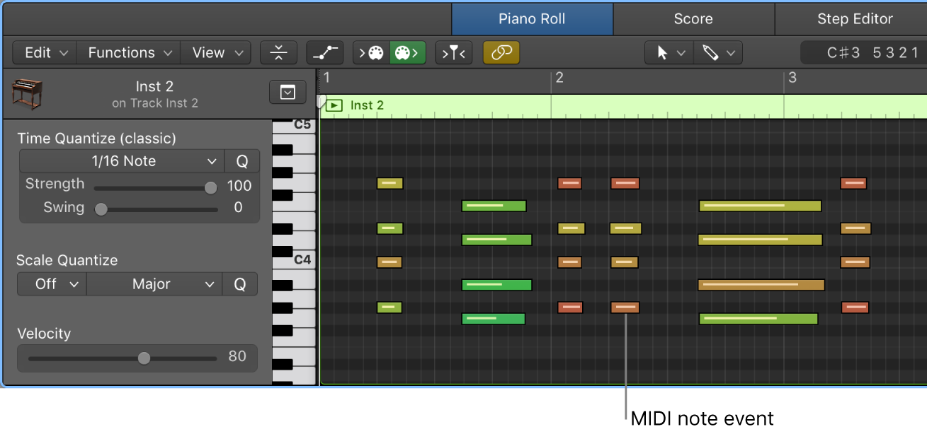 Figure. Piano Roll Editor, pointing out MIDI note event.