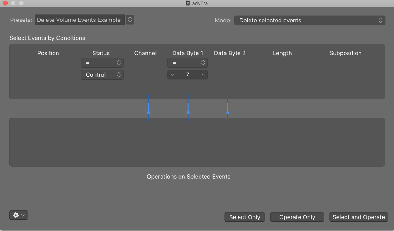 Figure. Transform window showing settings to delete volume events from a MIDI region.