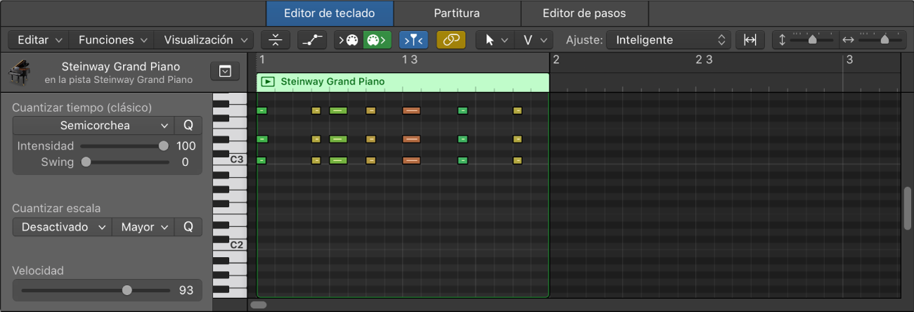 Ilustración. Editor de teclado con un pasaje MIDI con eventos de nota.