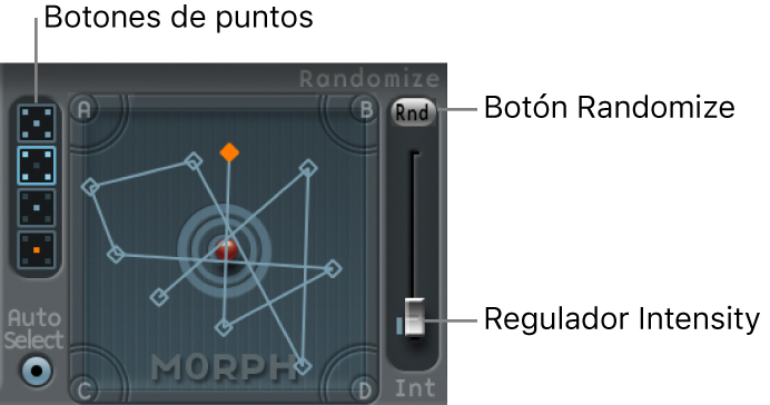 Ilustración. Superficie Morph, con botones de puntos y parámetros de Randomize.