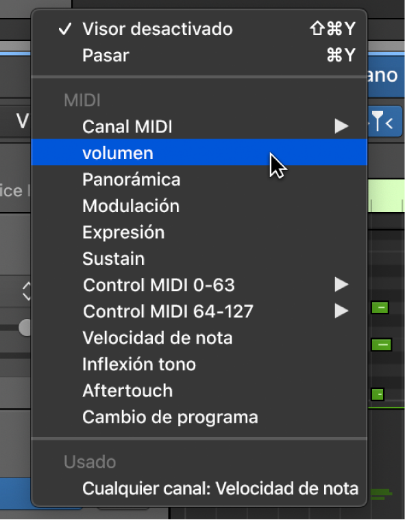 Ilustración. Datos MIDI seleccionados en el menú desplegable de parámetro de automatización/MIDI.